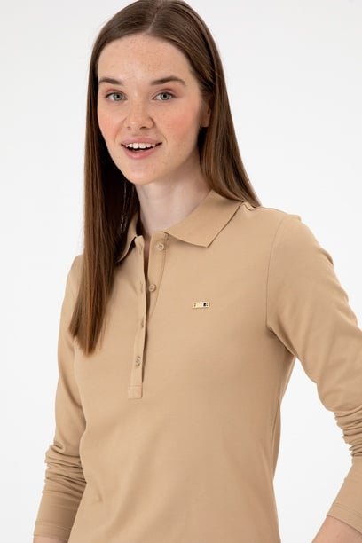 Kadın Kum Basic Polo Yaka Sweatshırt