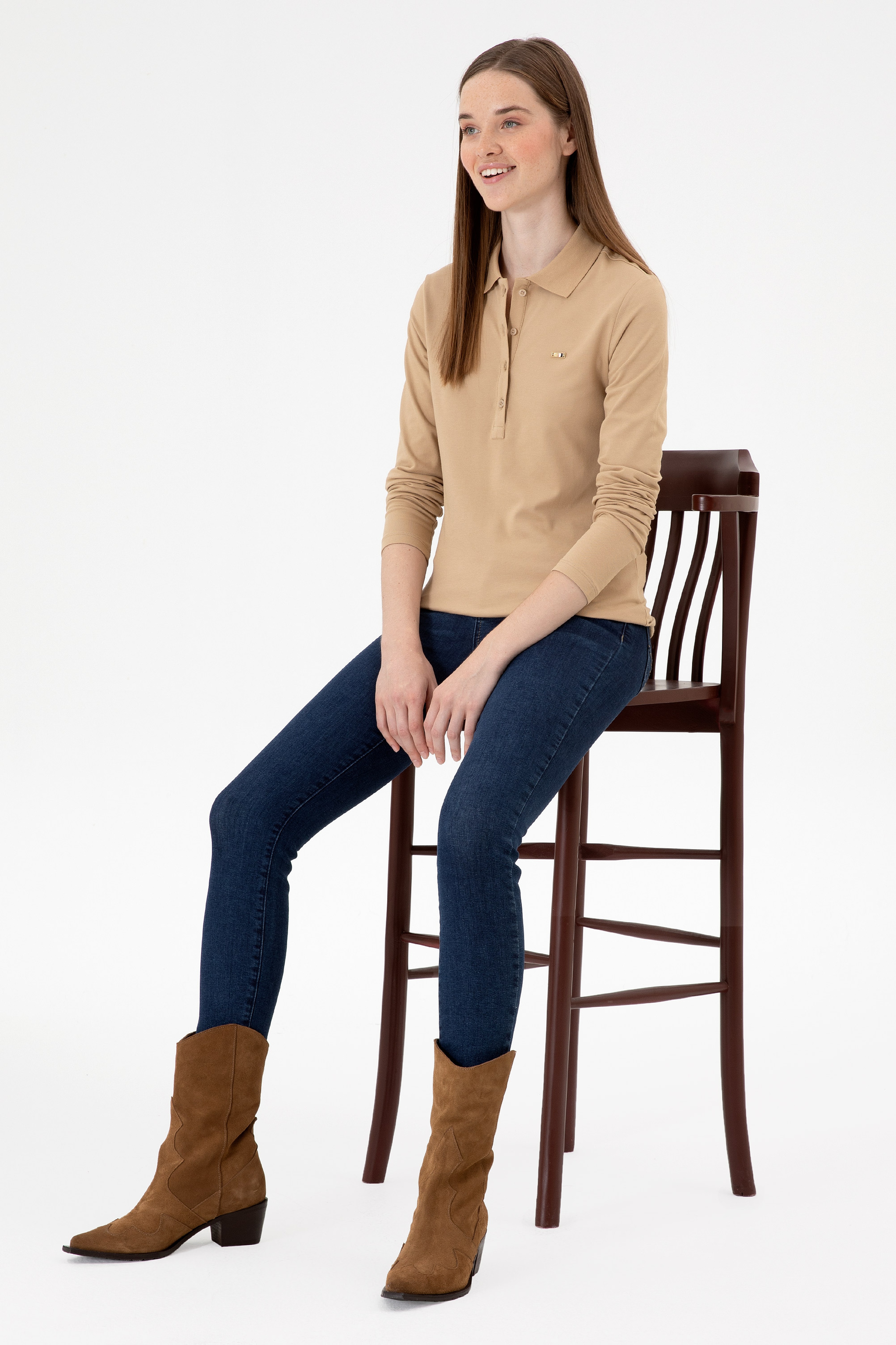 Kadın Kum Basic Polo Yaka Sweatshırt - Image 4