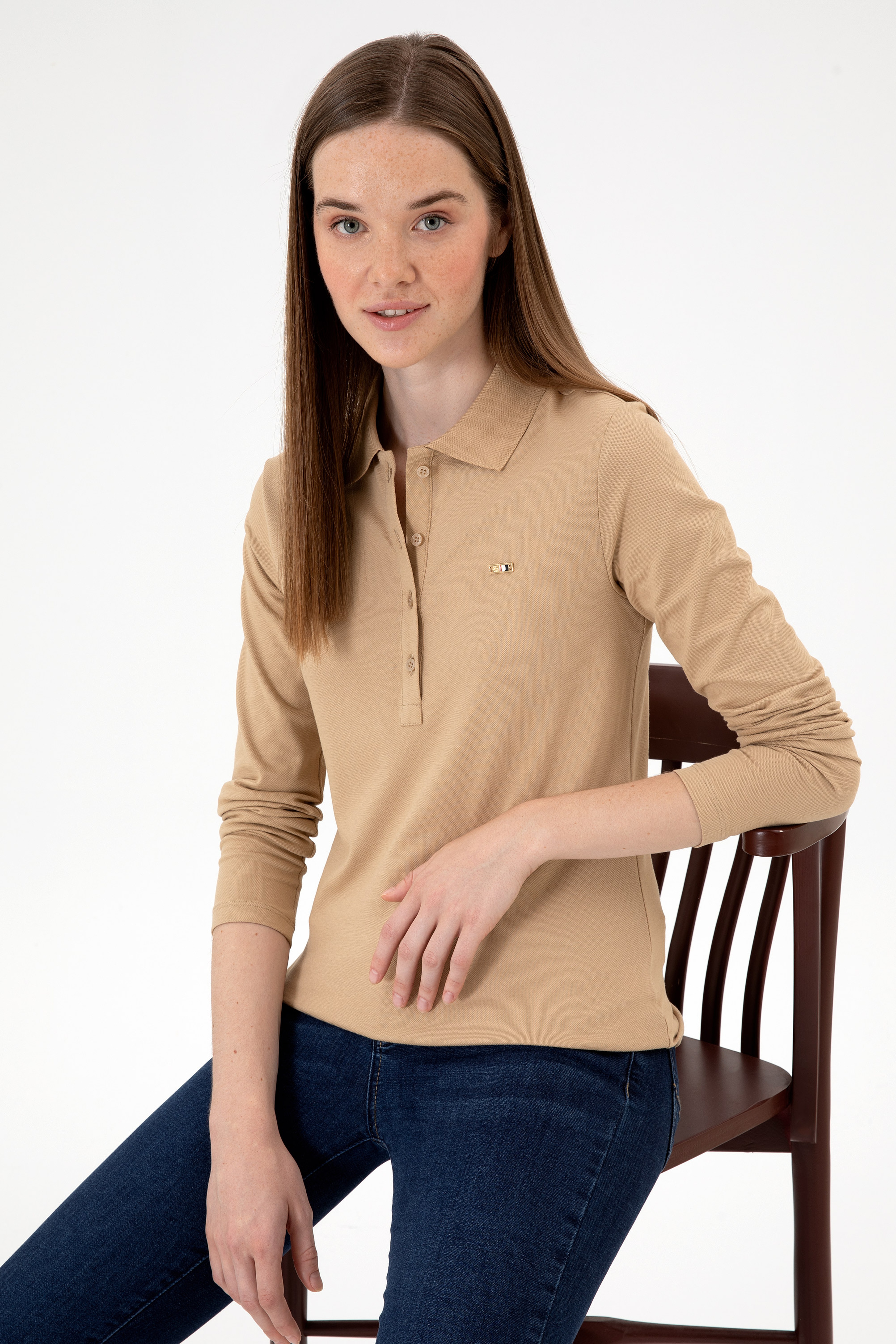 Kadın Kum Basic Polo Yaka Sweatshırt - Image 3