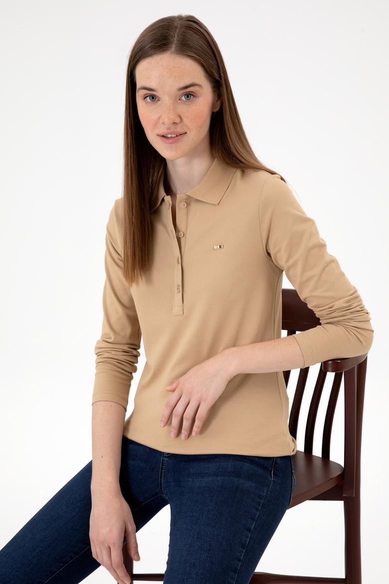 Kadın Kum Basic Polo Yaka Sweatshırt - 50313593086