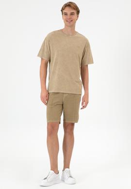 Erkek Comfort Fit Bisiklet Yaka Haki Yıkamalı Tişört - 50306878037