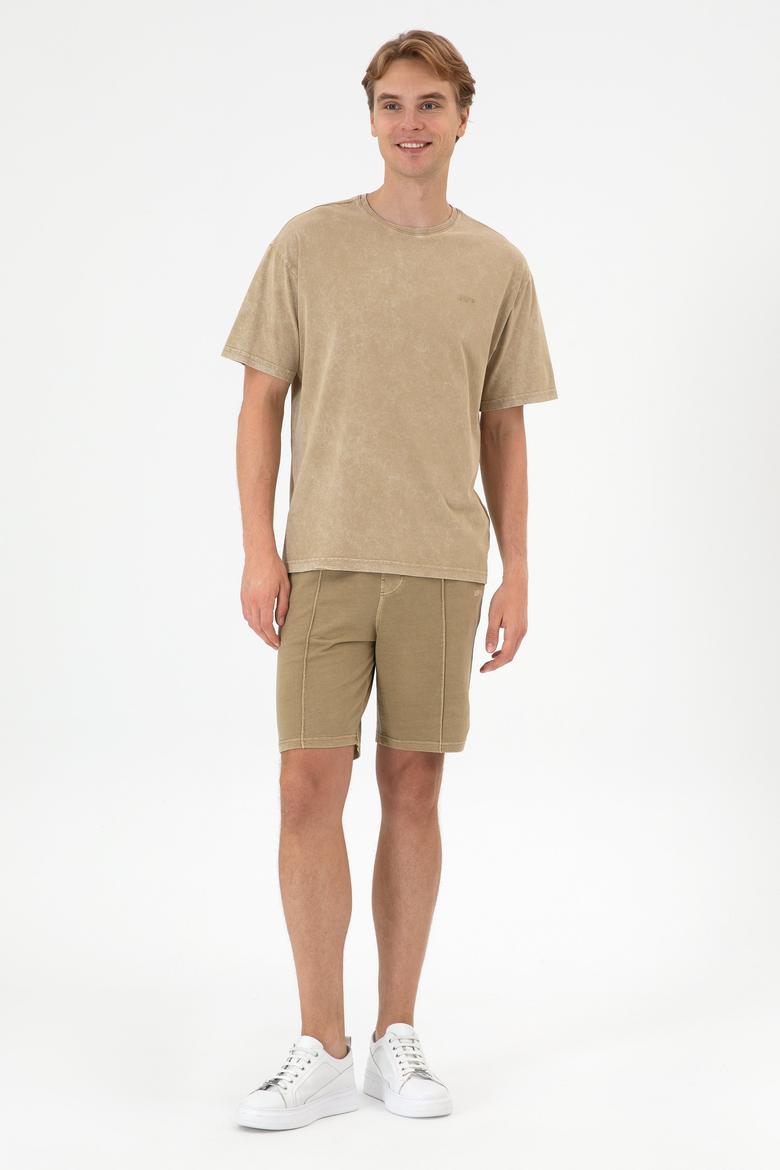 Erkek Comfort Fit Bisiklet Yaka Haki Yıkamalı Tişört - 50306878037