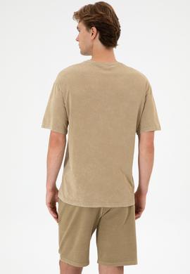 Erkek Comfort Fit Bisiklet Yaka Haki Yıkamalı Tişört - 50306878037