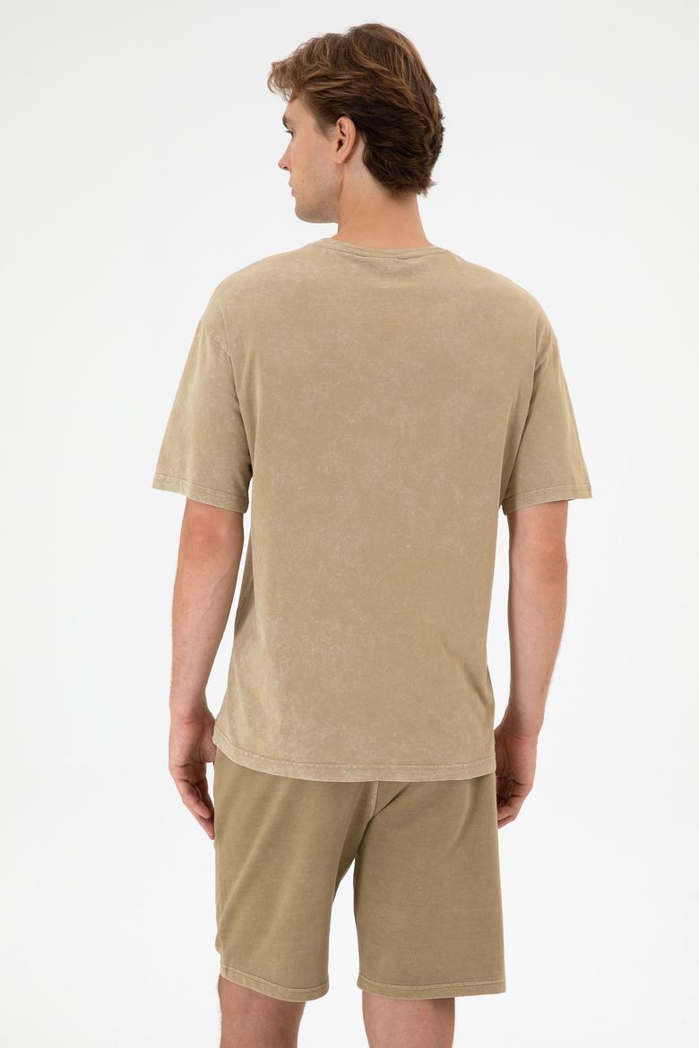 Erkek Comfort Fit Bisiklet Yaka Haki Yıkamalı Tişört - 50306878037