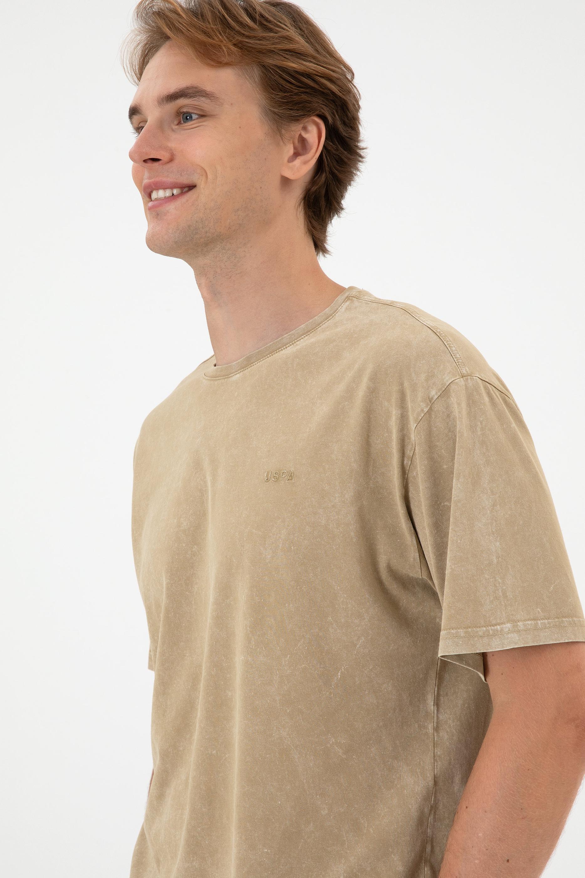 Erkek Comfort Fit Bisiklet Yaka Haki Yıkamalı Tişört