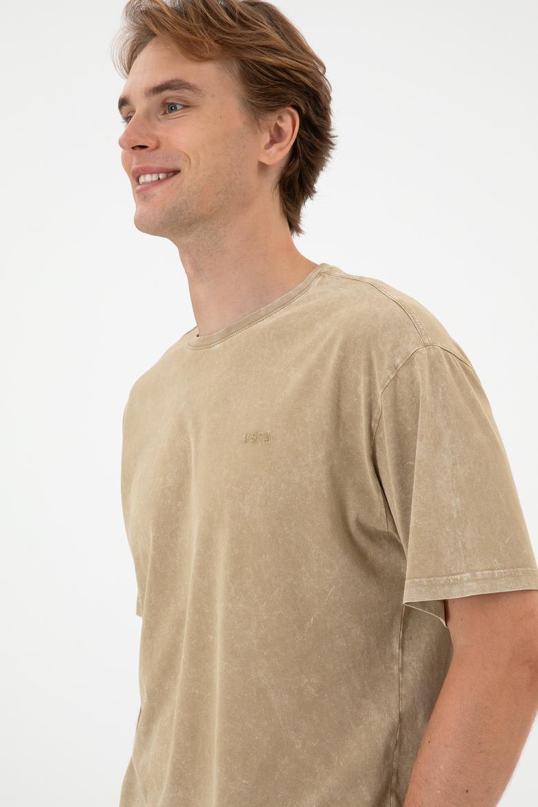 Erkek Comfort Fit Bisiklet Yaka Haki Yıkamalı Tişört - 50306878037