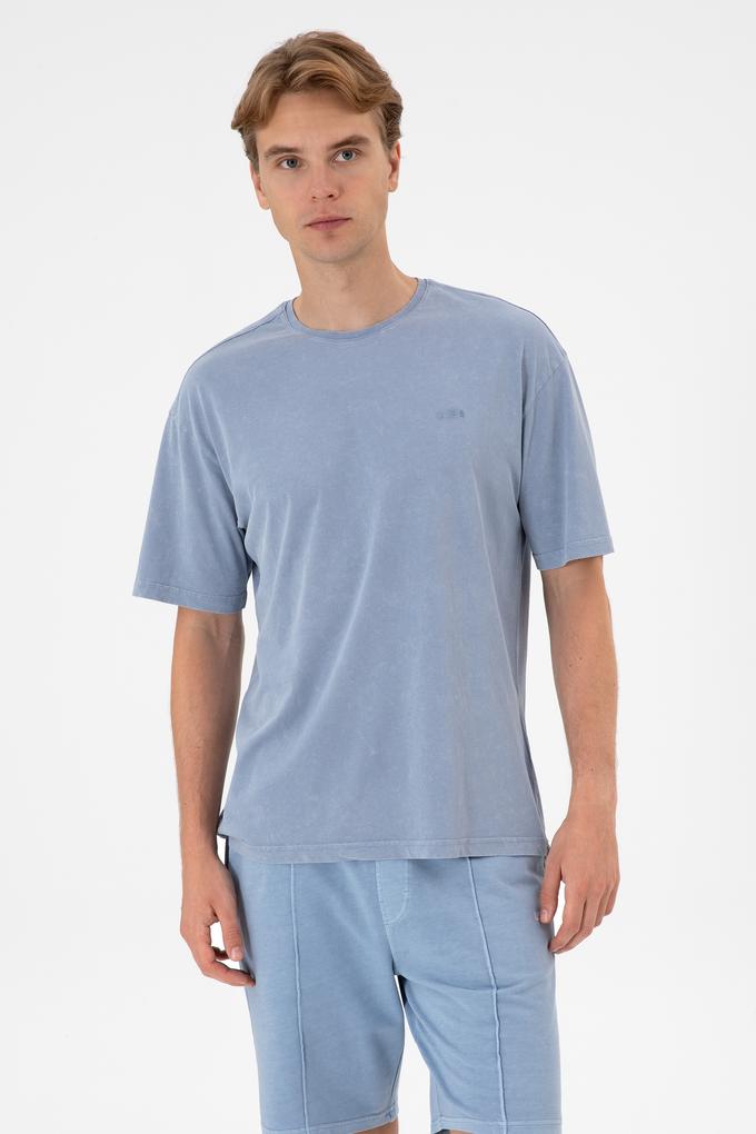 Erkek Comfort Fit Bisiklet Yaka Mavi Yıkamalı Tişört