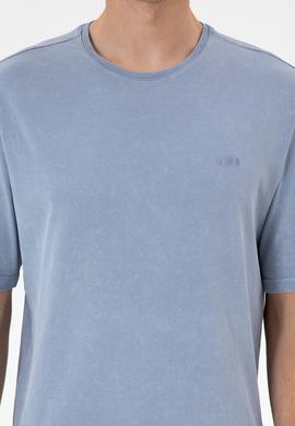 Erkek Comfort Fit Bisiklet Yaka Mavi Yıkamalı Tişört - 50306878025