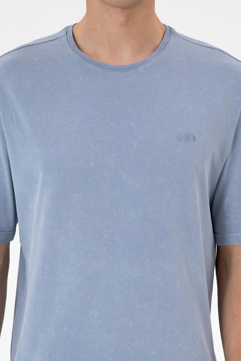 Erkek Comfort Fit Bisiklet Yaka Mavi Yıkamalı Tişört - 50306878025