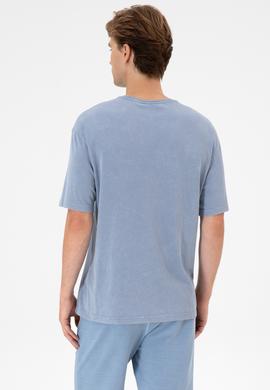 Erkek Comfort Fit Bisiklet Yaka Mavi Yıkamalı Tişört - 50306878025