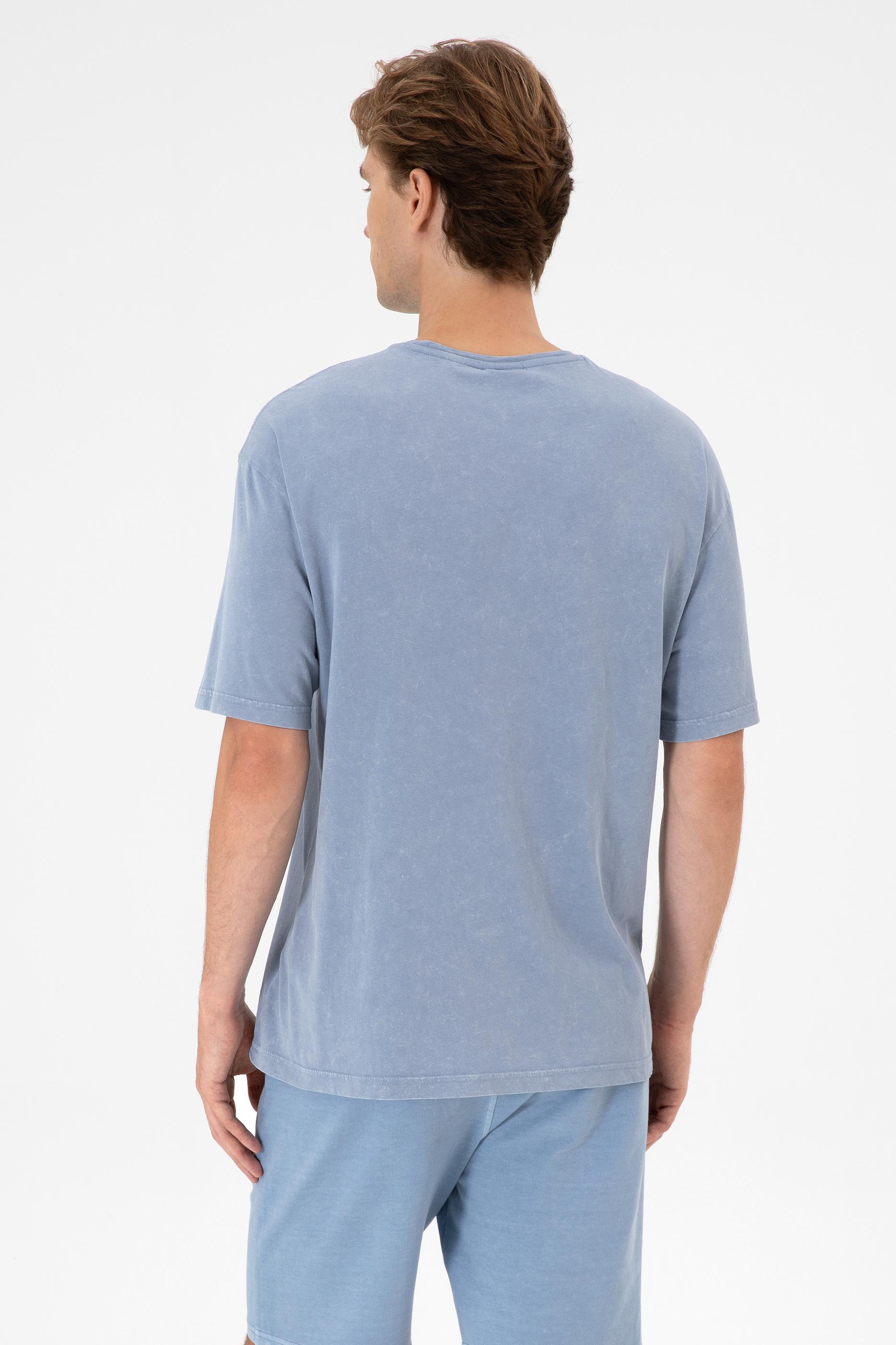 Erkek Comfort Fit Bisiklet Yaka Mavi Yıkamalı Tişört