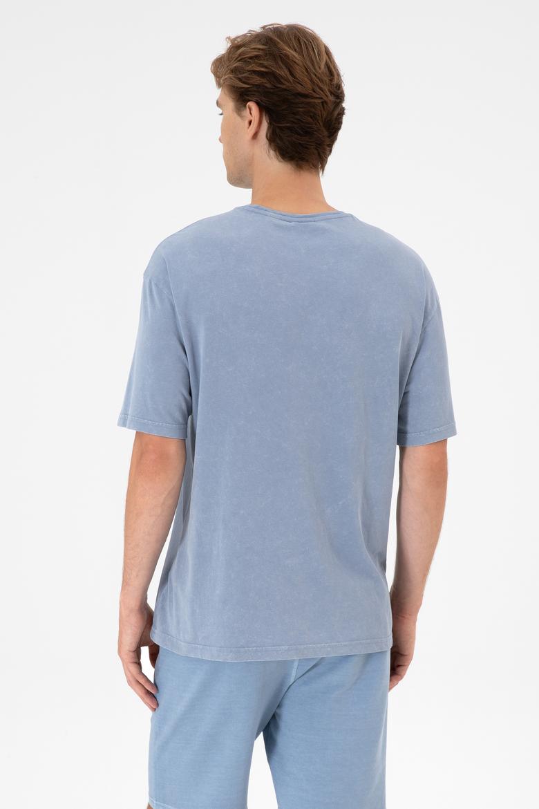 Erkek Comfort Fit Bisiklet Yaka Mavi Yıkamalı Tişört - 50306878025