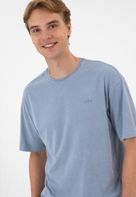 Erkek Comfort Fit Bisiklet Yaka Mavi Yıkamalı Tişört - 50306878025