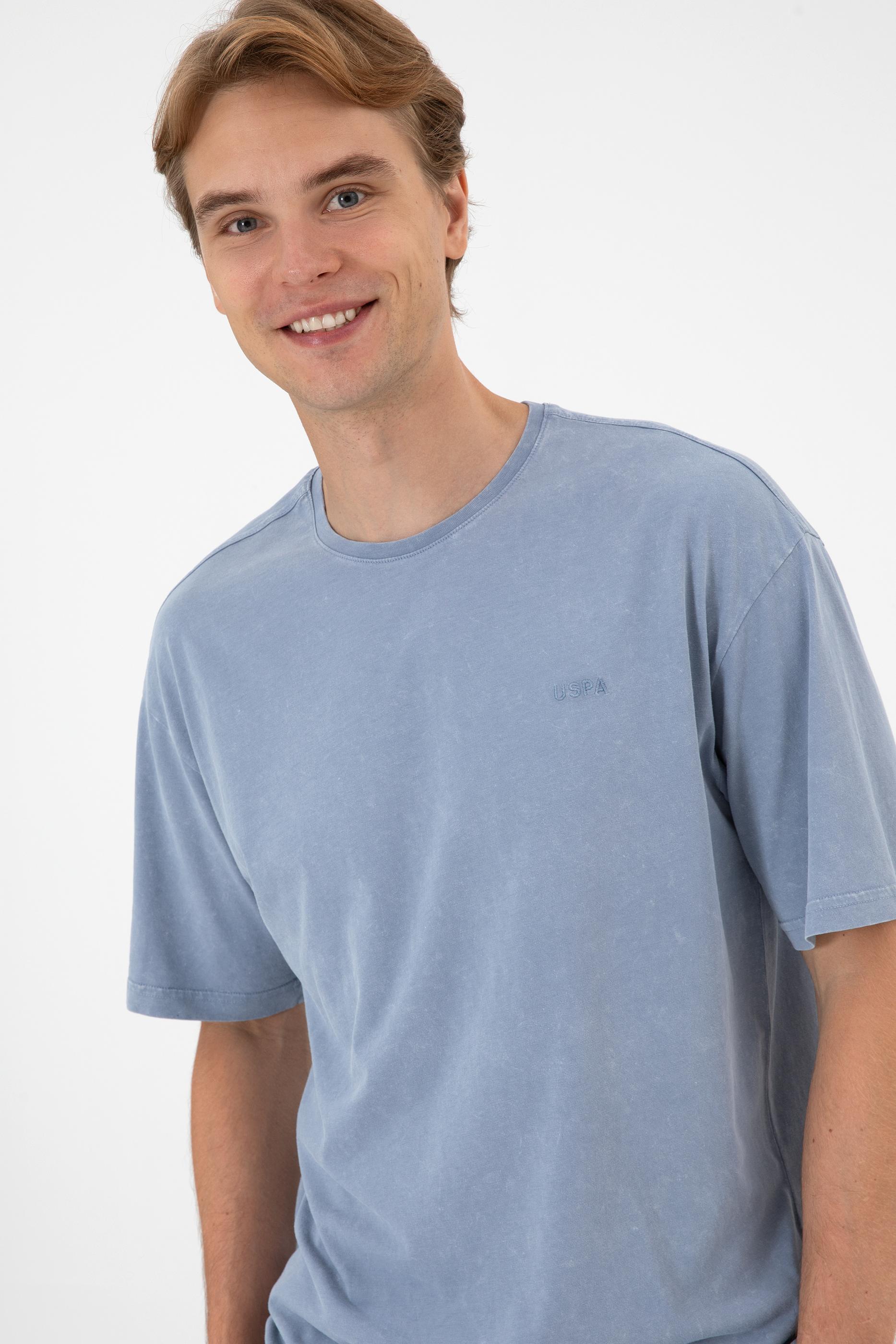 Erkek Comfort Fit Bisiklet Yaka Mavi Yıkamalı Tişört