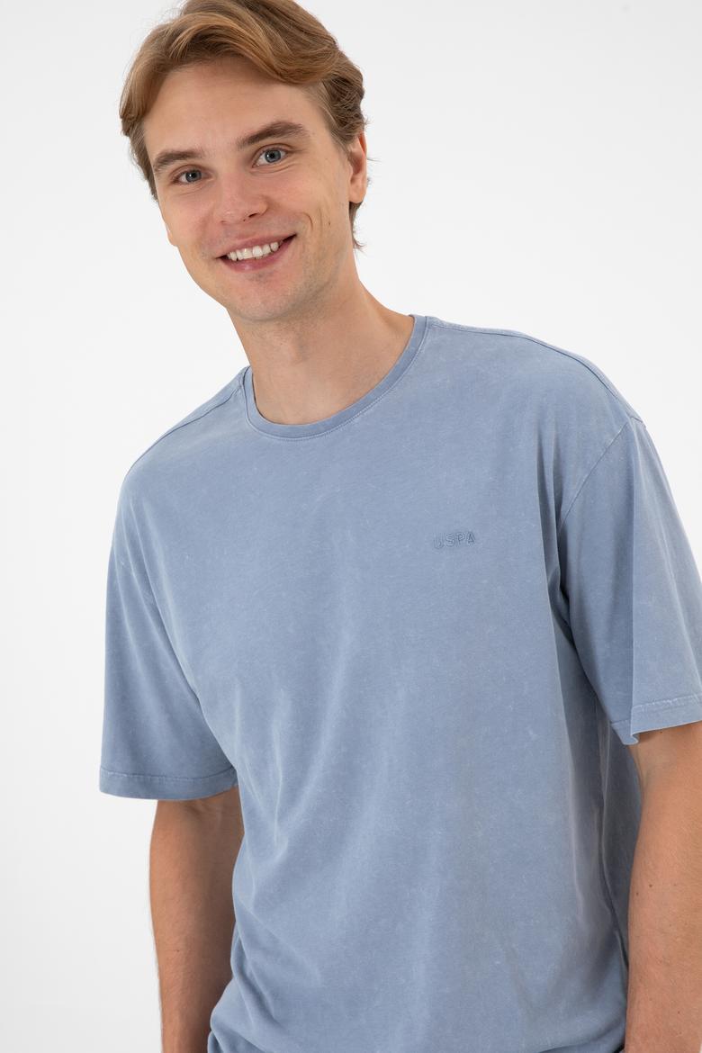 Erkek Comfort Fit Bisiklet Yaka Mavi Yıkamalı Tişört - 50306878025