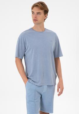 Erkek Comfort Fit Bisiklet Yaka Mavi Yıkamalı Tişört - 50306878025