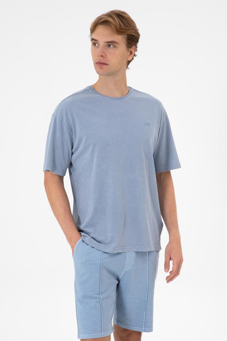 Erkek Comfort Fit Bisiklet Yaka Mavi Yıkamalı Tişört - 50306878025