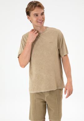 Erkek Comfort Fit Bisiklet Yaka Haki Yıkamalı Tişört - 50306878037