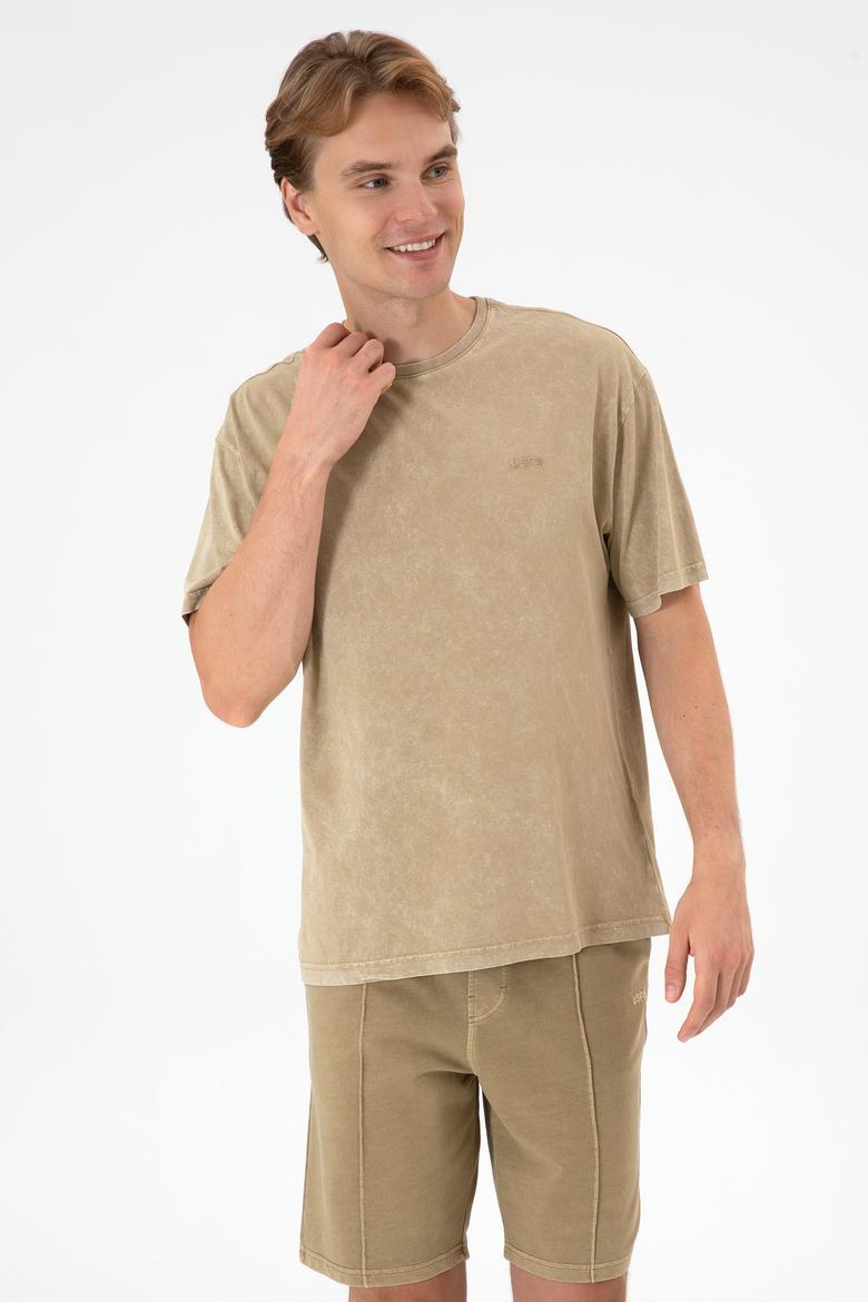 Erkek Comfort Fit Bisiklet Yaka Haki Yıkamalı Tişört - 50306878037