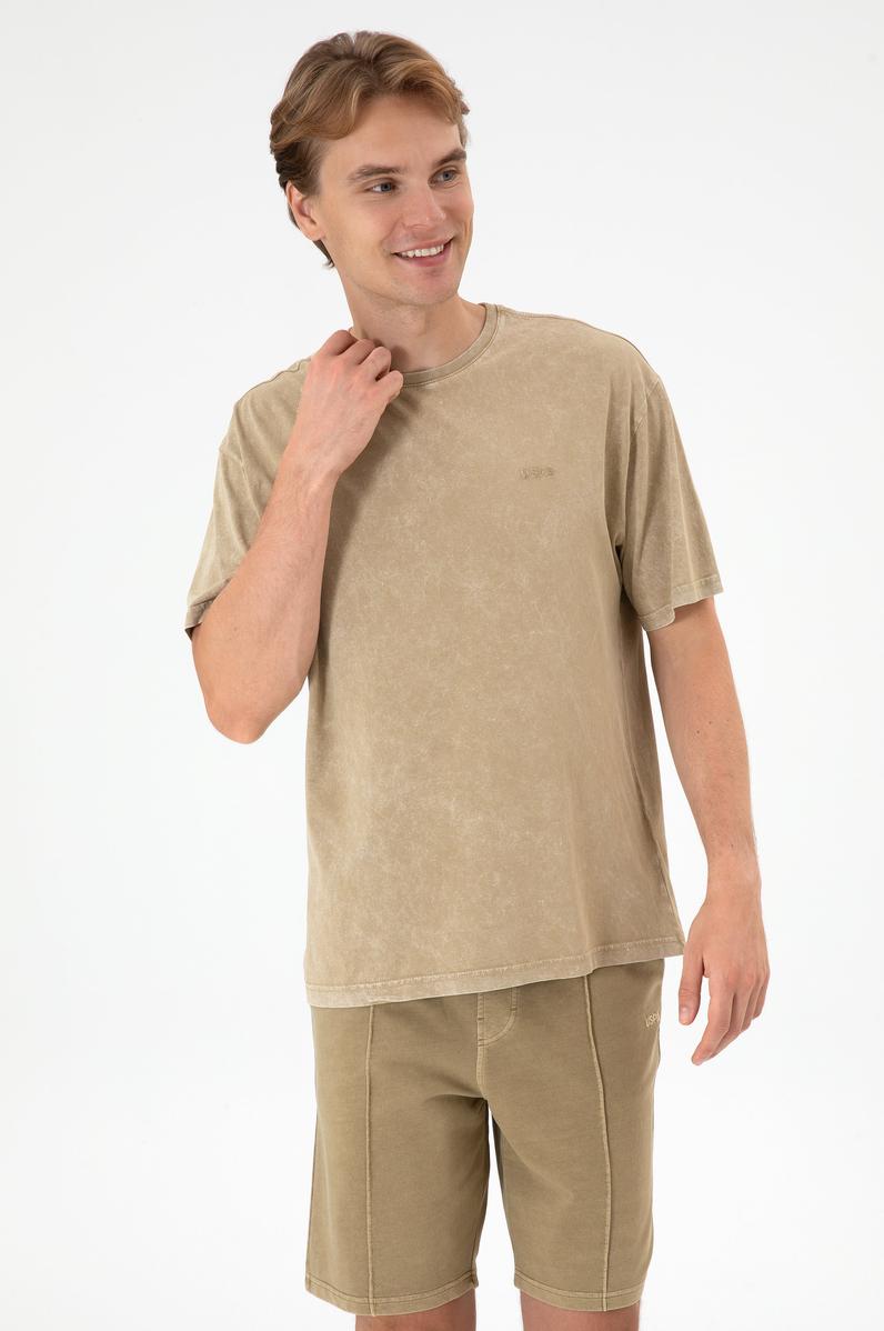 Erkek Comfort Fit Bisiklet Yaka Haki Yıkamalı Tişört