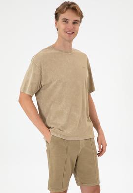 Erkek Comfort Fit Bisiklet Yaka Haki Yıkamalı Tişört - 50306878037