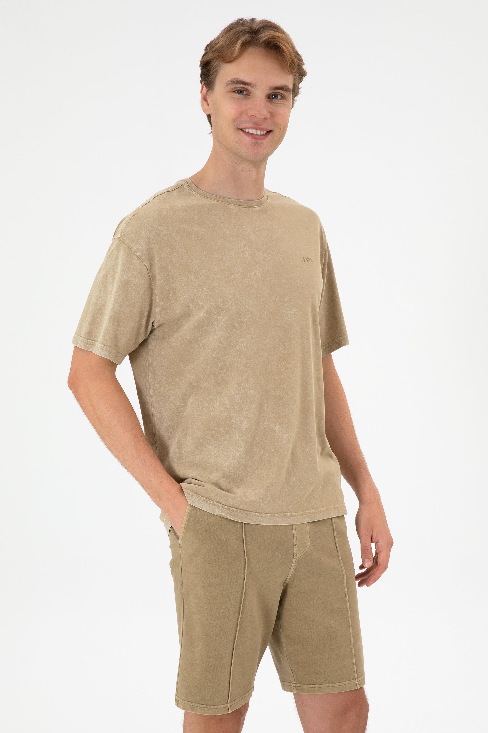 Erkek Comfort Fit Bisiklet Yaka Haki Yıkamalı Tişört