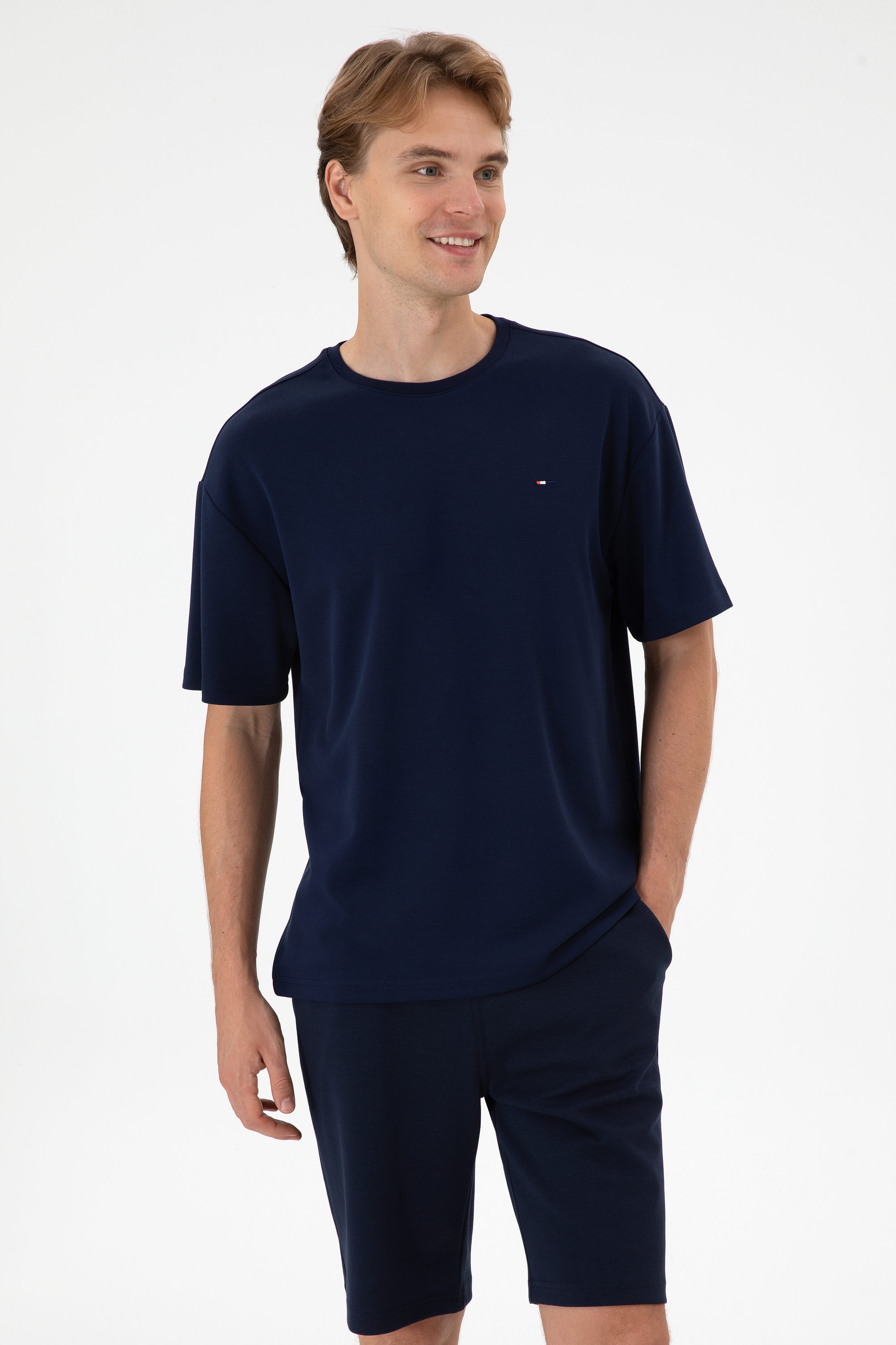 Erkek Comfort Fit Bisiklet Yaka Lacivert Tişört - Image 3