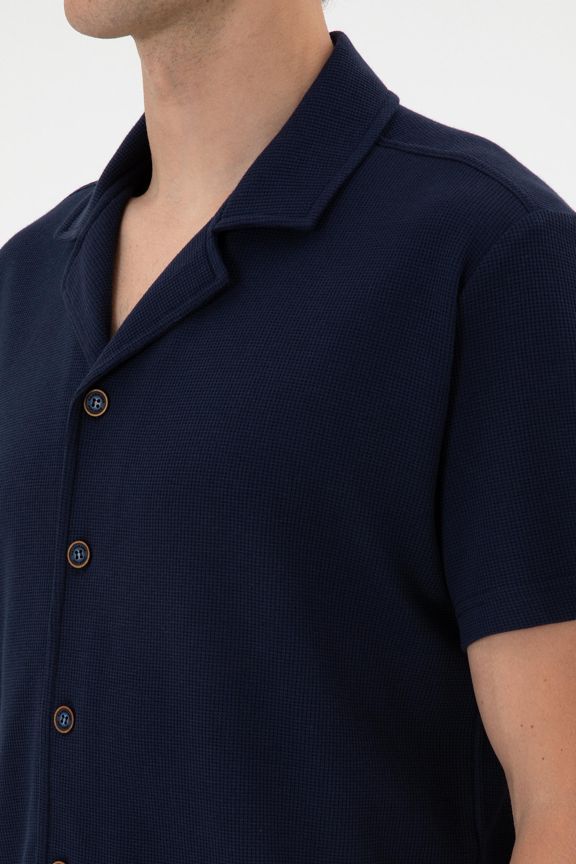 Erkek Lacivert Apaş Yaka Kısa Kollu Örme Gömlek