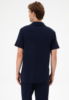 Erkek Lacivert Apaş Yaka Kısa Kollu Örme Gömlek - 50306977003