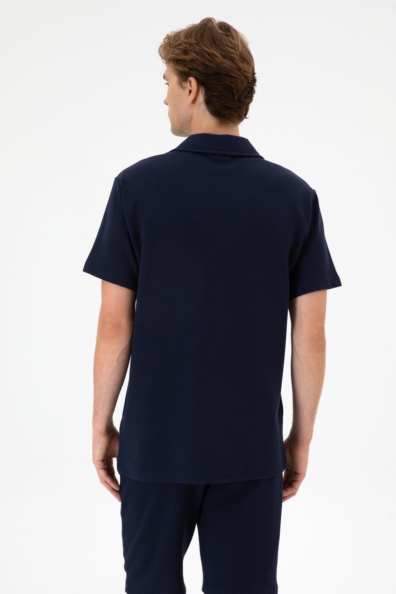 Erkek Lacivert Apaş Yaka Kısa Kollu Örme Gömlek - 50306977003