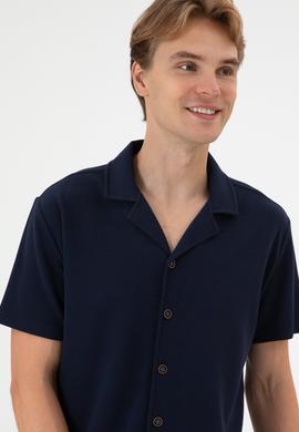 Erkek Lacivert Apaş Yaka Kısa Kollu Örme Gömlek - 50306977003