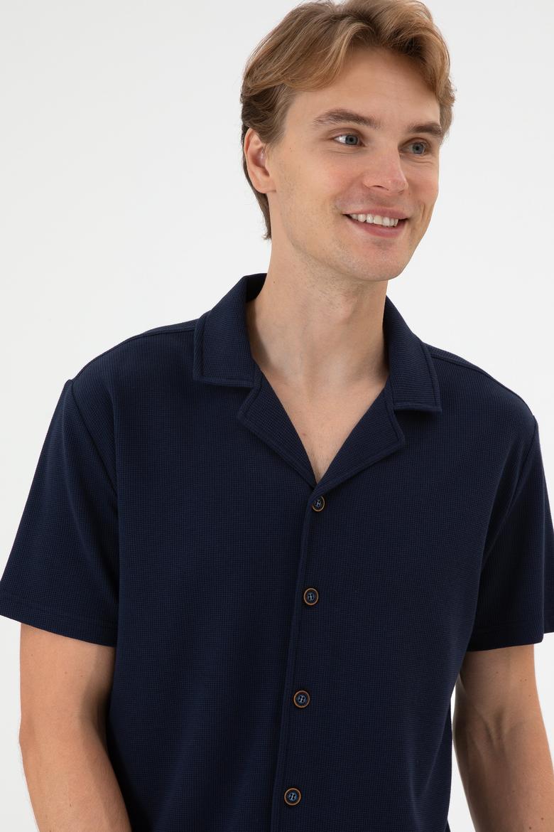 Erkek Lacivert Apaş Yaka Kısa Kollu Örme Gömlek - 50306977003