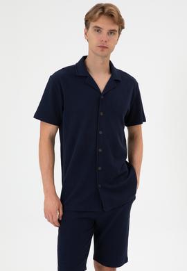 Erkek Lacivert Apaş Yaka Kısa Kollu Örme Gömlek - 50306977003
