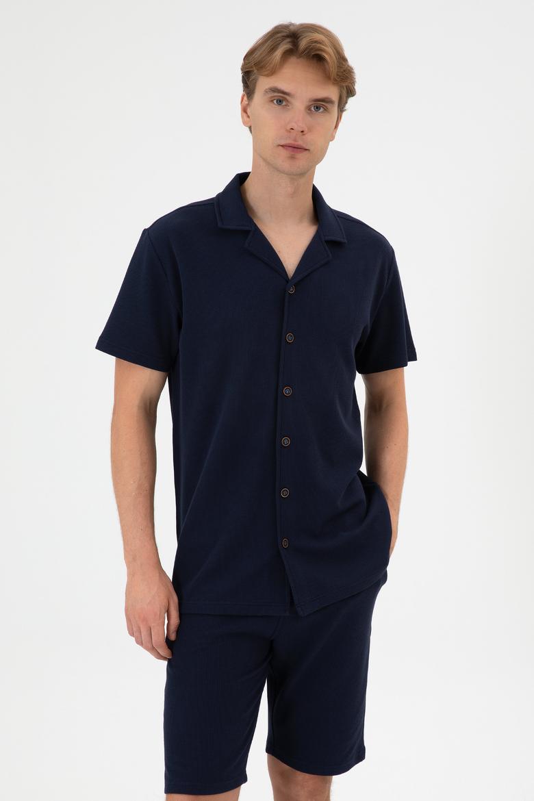 Erkek Lacivert Apaş Yaka Kısa Kollu Örme Gömlek