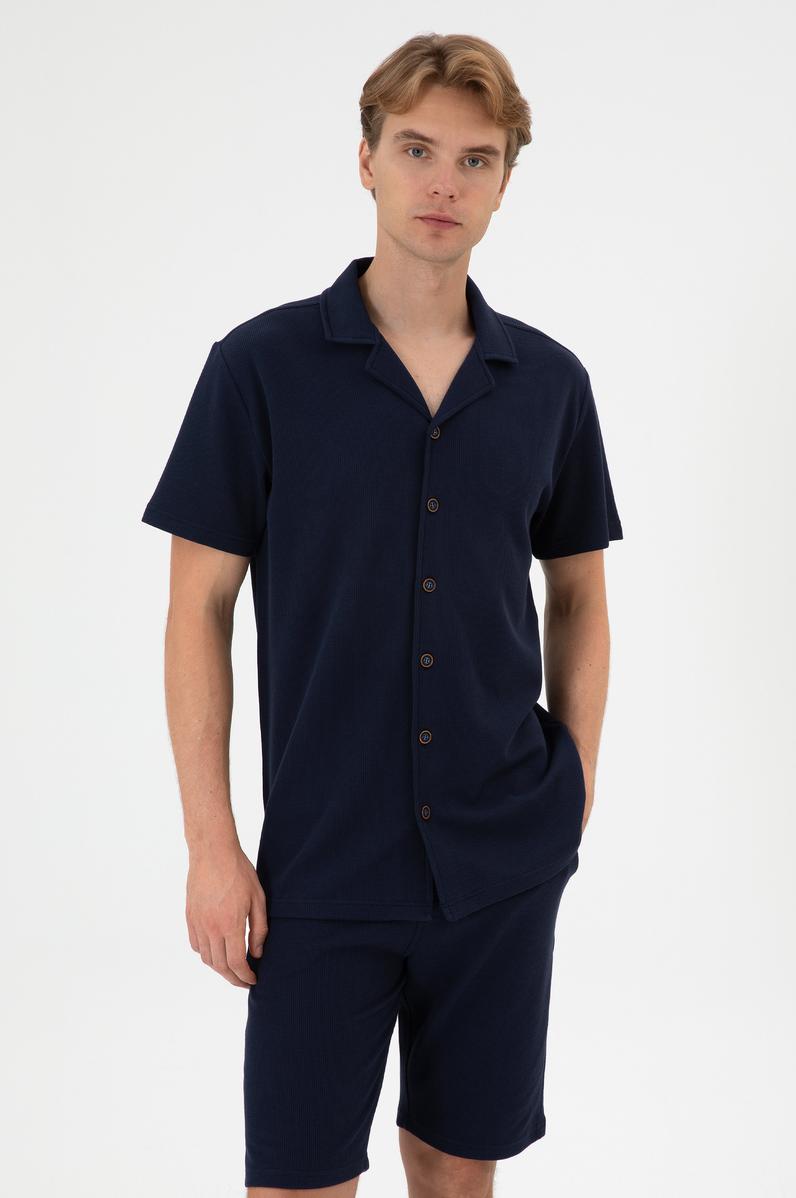 Erkek Lacivert Apaş Yaka Kısa Kollu Örme Gömlek