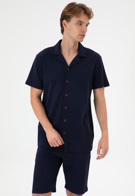 Erkek Lacivert Apaş Yaka Kısa Kollu Örme Gömlek - 50306977003