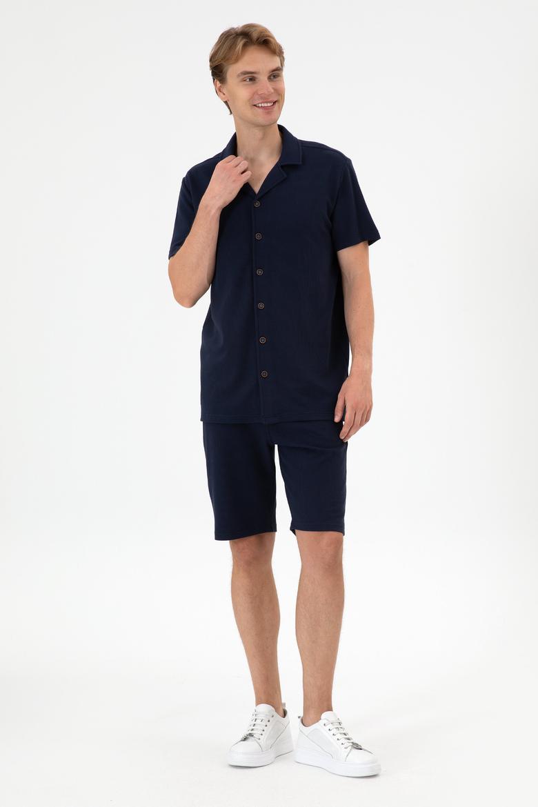 Erkek Lacivert Apaş Yaka Kısa Kollu Örme Gömlek - 50306977003