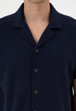 Erkek Lacivert Apaş Yaka Kısa Kollu Örme Gömlek - 50306977003