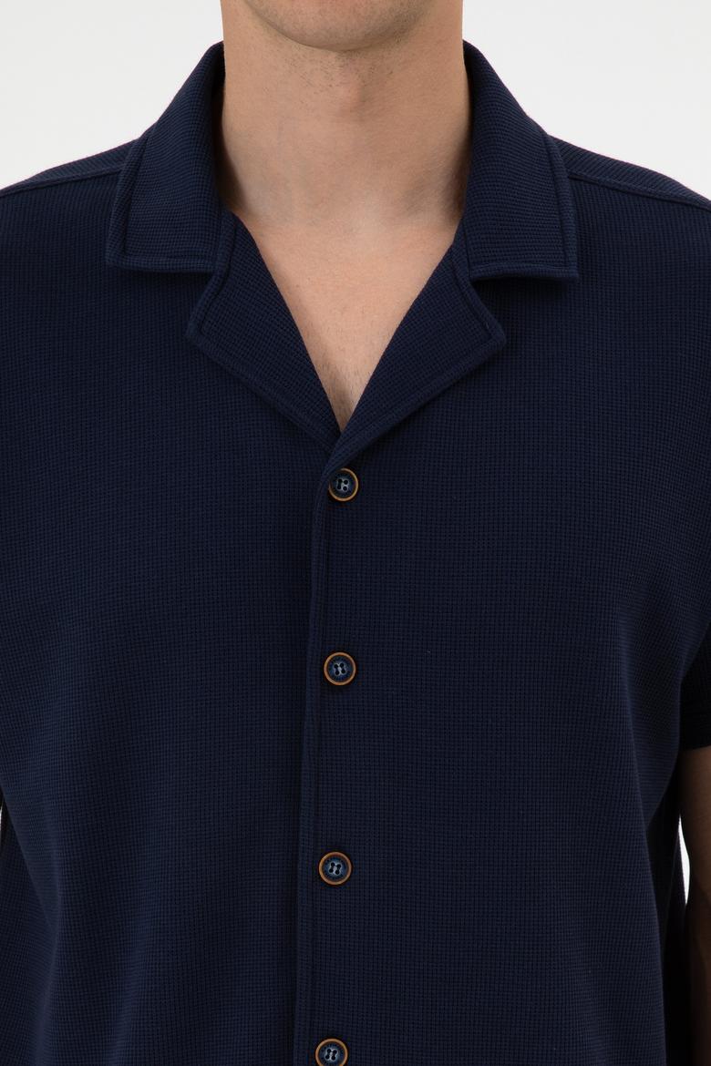 Erkek Lacivert Apaş Yaka Kısa Kollu Örme Gömlek - 50306977003