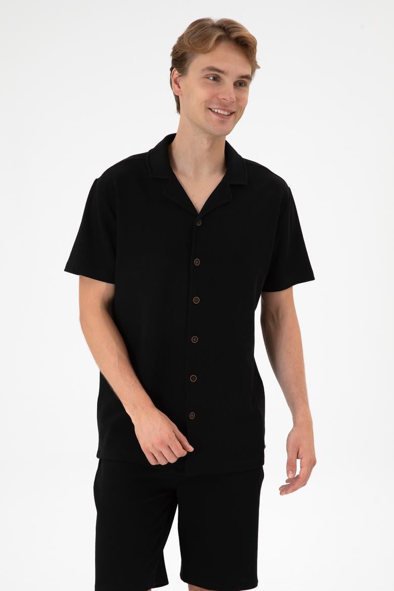 Erkek Siyah Apaş Yaka Kısa Kollu Örme Gömlek - 50306977011