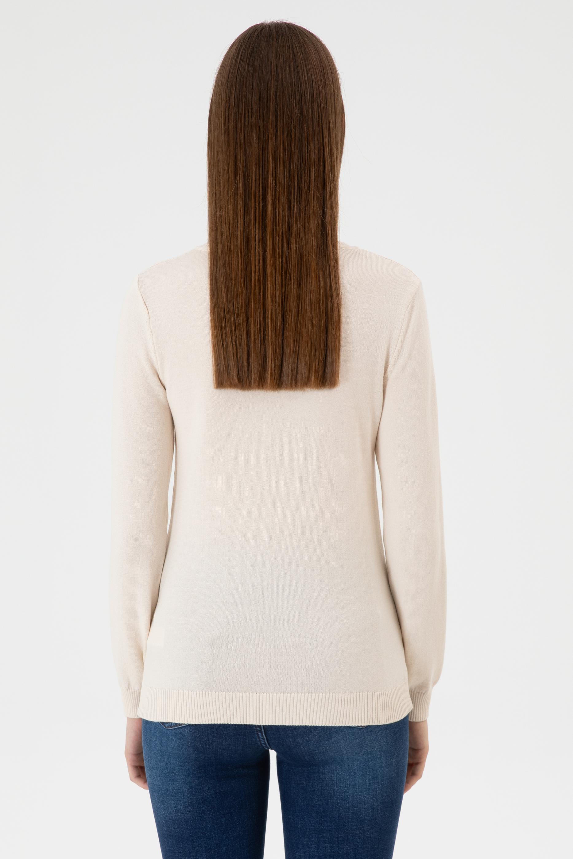 Kadın Krem Melanj V Yaka Basic Kazak