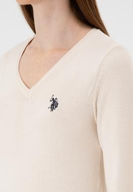 Kadın Krem Melanj V Yaka Basic Kazak - 50313590109