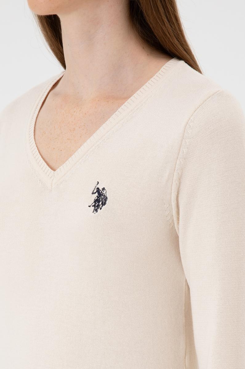 Kadın Krem Melanj V Yaka Basic Kazak