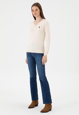 Kadın Krem Melanj V Yaka Basic Kazak - 50313590109