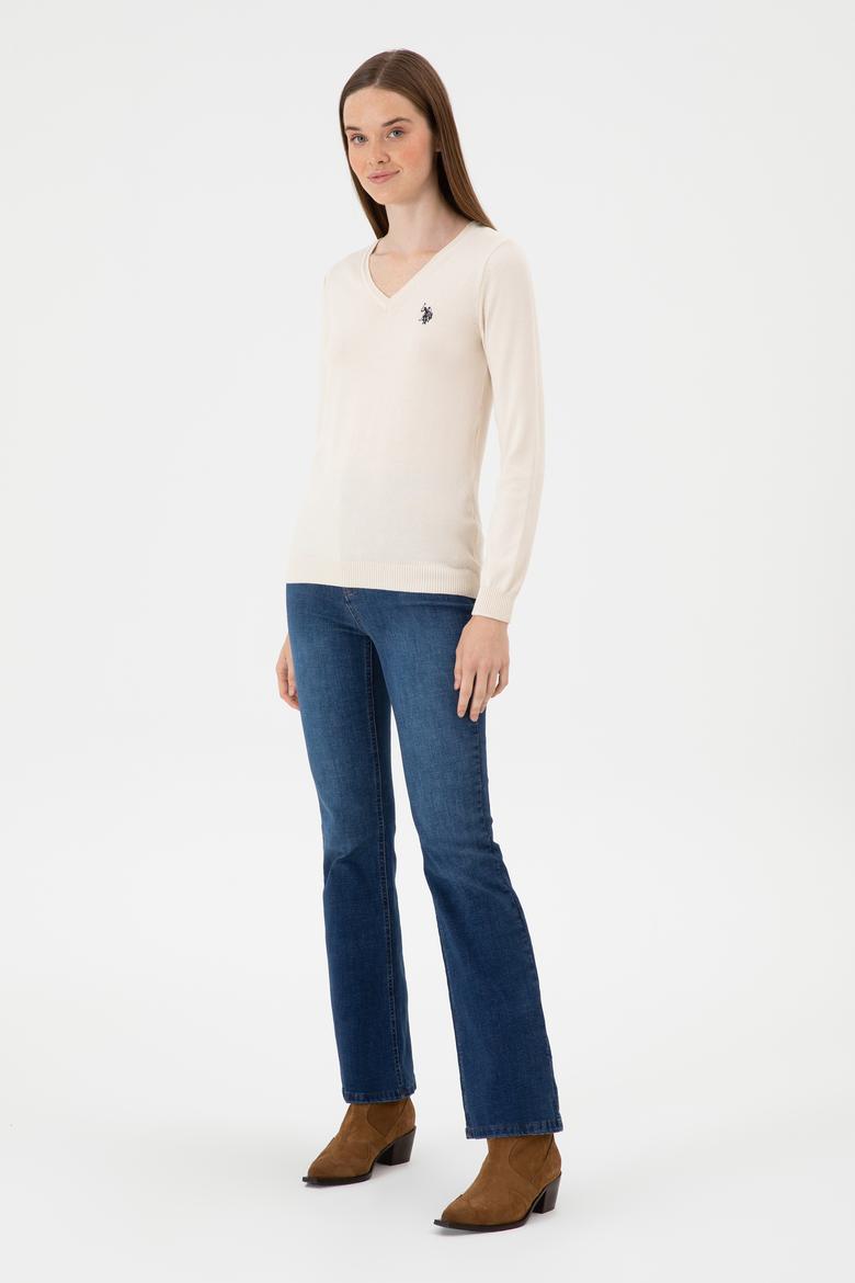 Kadın Krem Melanj V Yaka Basic Kazak - 50313590109