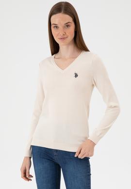 Kadın Krem Melanj V Yaka Basic Kazak - 50313590109