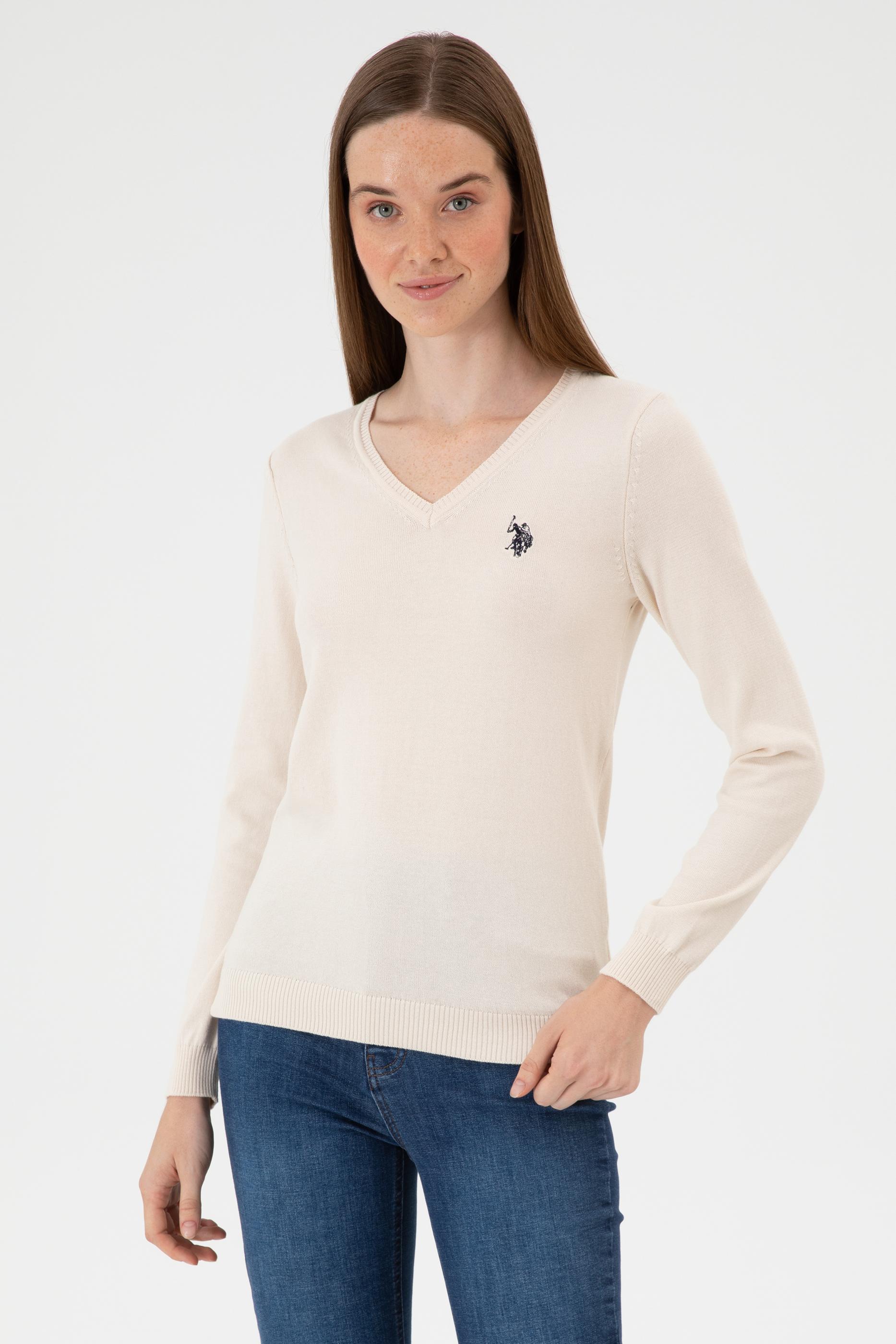 Kadın Krem Melanj V Yaka Basic Kazak