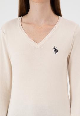 Kadın Krem Melanj V Yaka Basic Kazak - 50313590109