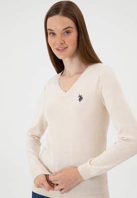 Kadın Krem Melanj V Yaka Basic Kazak - 50313590109