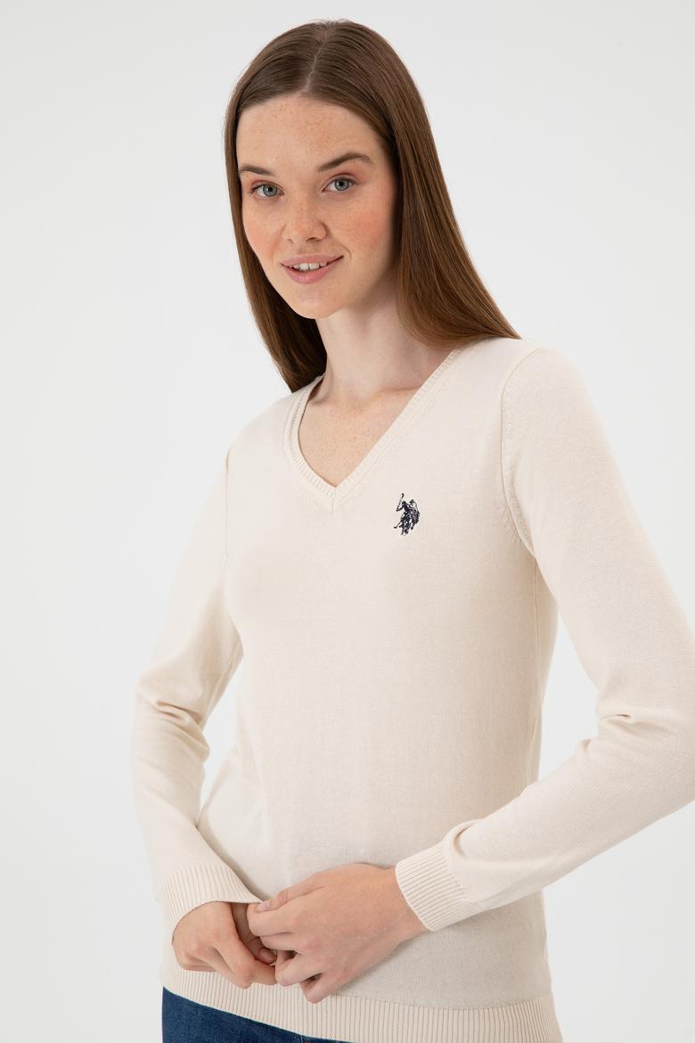 Kadın Krem Melanj V Yaka Basic Kazak - 50313590109